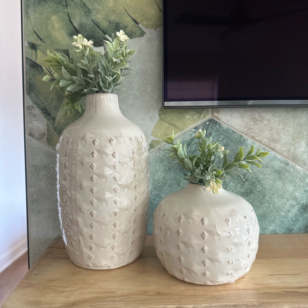 Elegant Cream Textured Vases with Greenery